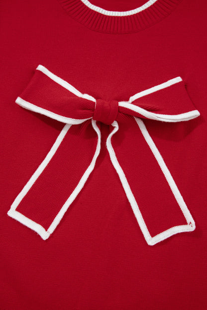 Fiery Red Contrast Trim Big Bow Accent Holiday Cropped Sweater