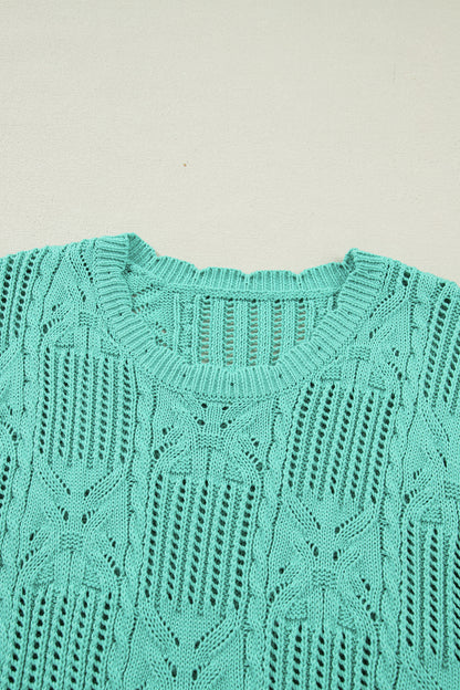 Mint Green Pointelle Knit Patterned Scalloped Trim Short Sleeve Sweater