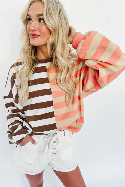 Brown Stripe Color Block Drop Shoulder Pullover Sweatshirt - Chic Meadow Boutique 