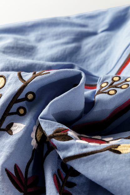 Real Teal Floral Embroidered Split Neck Tassel Tie Puff Sleeve Blouse