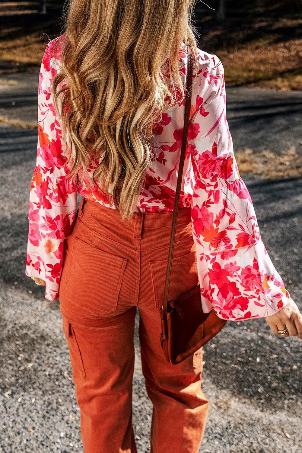 Tops/Bodysuits Pink Floral Print Tiered Bell Long Sleeve Buttoned Bodysuit