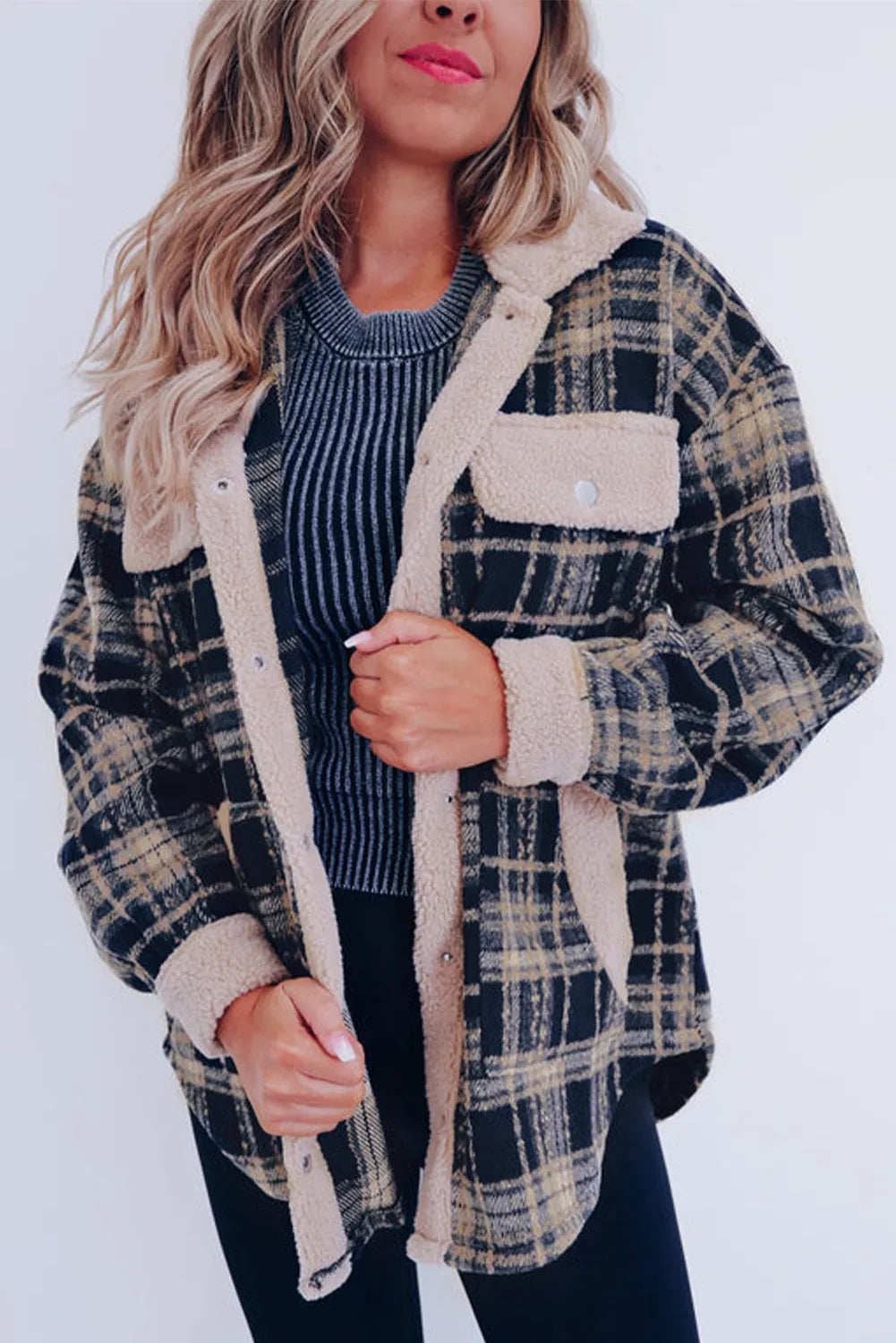 Multicolor Plaid Contrast Sherpa Flap Pocket Snap Button Shacket - Chic Meadow Boutique 