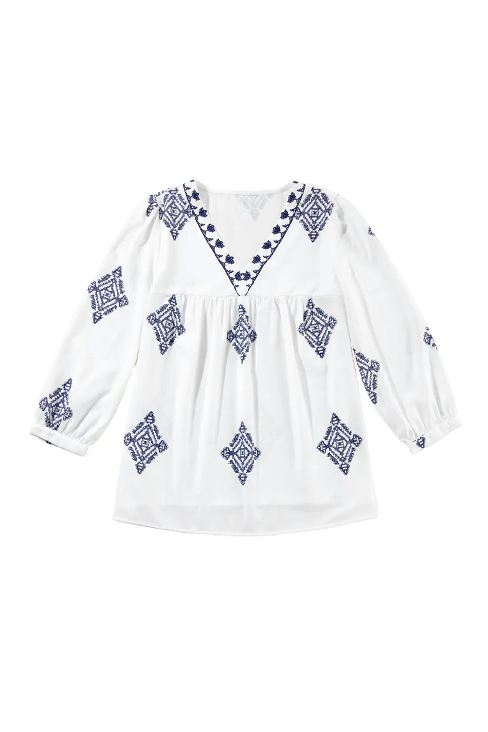 White Boho Geometric Print Bracelet Sleeve V Neck Blouse - Chic Meadow Boutique 