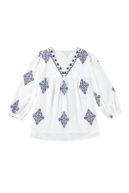 Tops/Blouses & Shirts White Boho Geometric Print Bracelet Sleeve V Neck Blouse