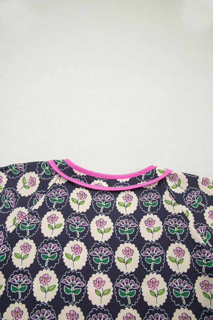 Blue Striped Trim Short Sleeve Vintage Floral Shift Dress