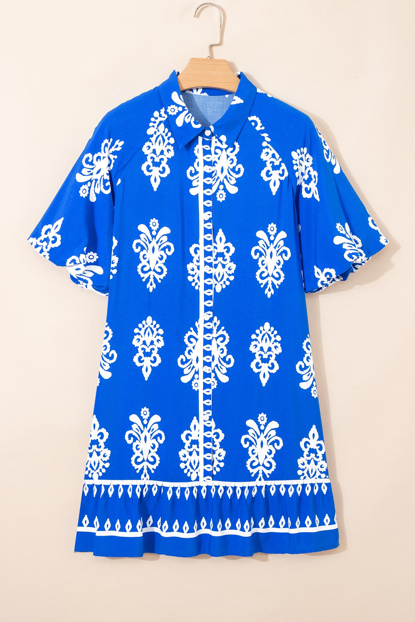 Blue Ethnic Geometric Print Collared Button Front Short Puff Sleeve Mini Dress