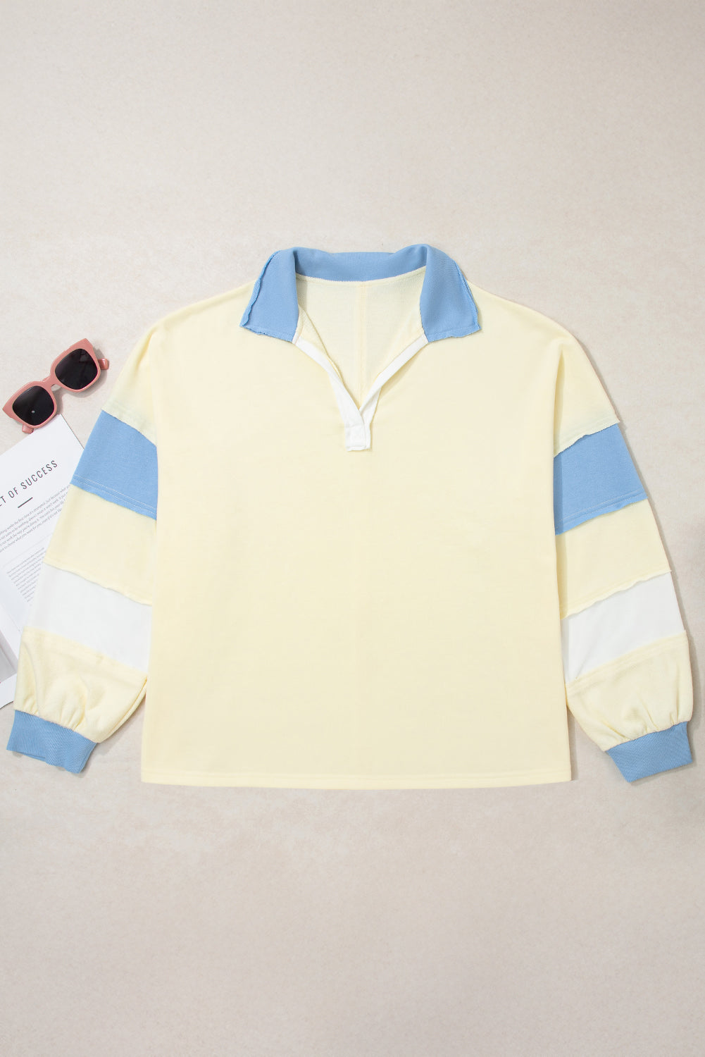 Yellow Cream Raw Seam Color Block Patchwork Plus Size V Neck Pullover