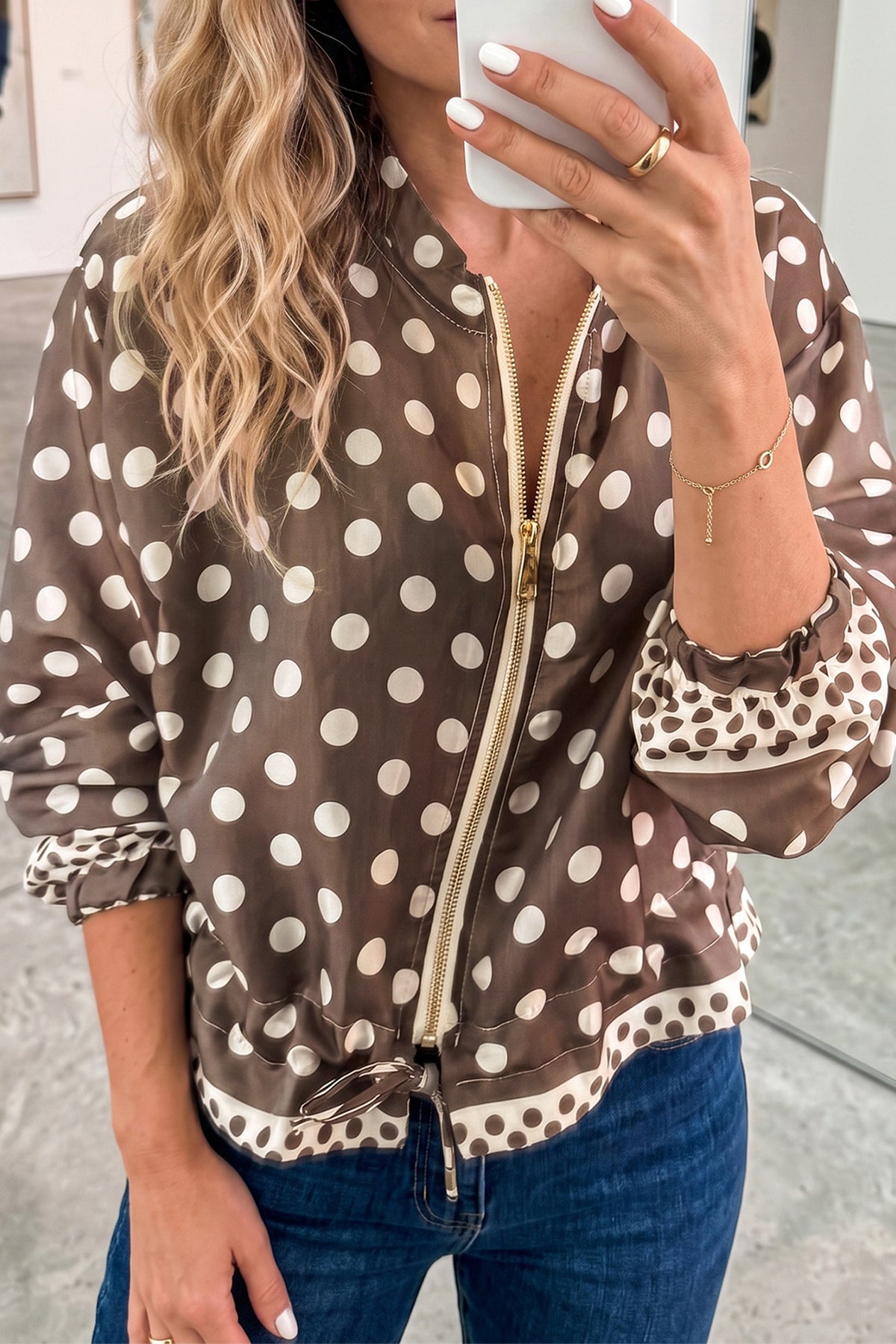 Brown Polka Dot Contrast Detail Zip-Up Long Sleeve Shacket
