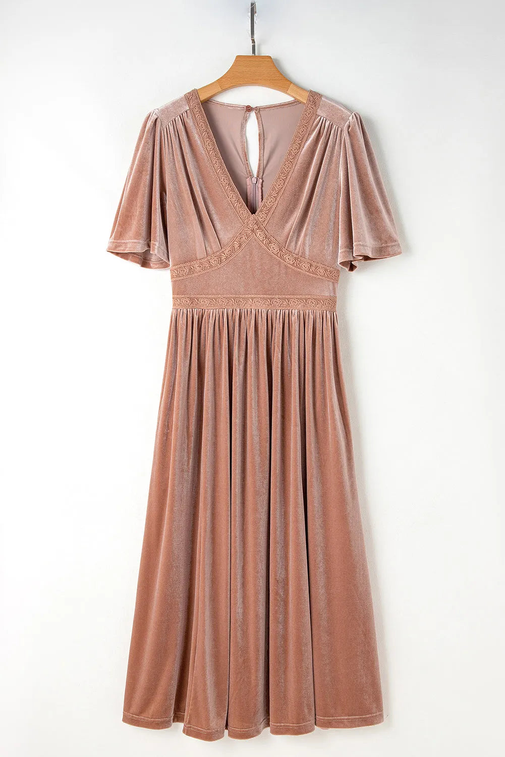 Chestnut Velvet Lacy V Neckline Short Sleeve Empire Waist Flowy Maxi Dress - Chic Meadow Boutique 