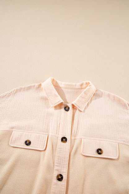 Beige Waffle Splicing Short Batwing Sleeve Flap Detail Shirt