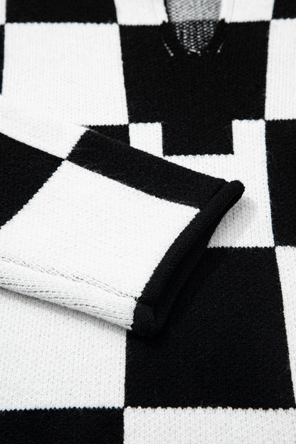 Black Checked Notched Neckline Drop Shoulder Knit Sweater