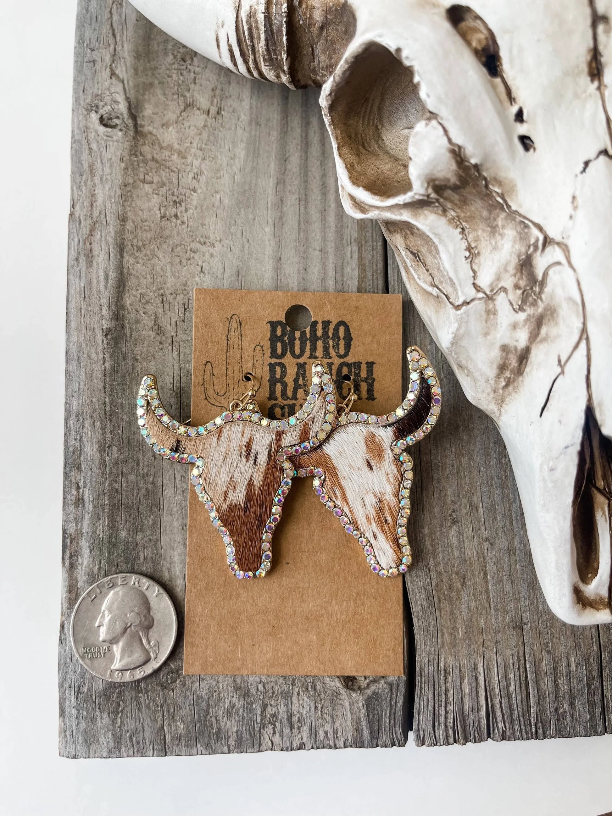 Western Cowhide Bling Steer Longhorn Earrings - Chic Meadow Boutique 