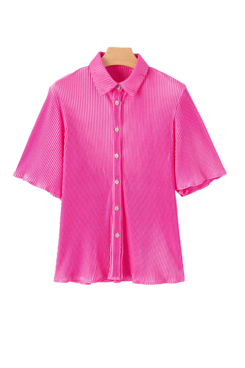 Bright Pink Satin Pleated Short Sleeve Shirt - Chic Meadow Boutique 