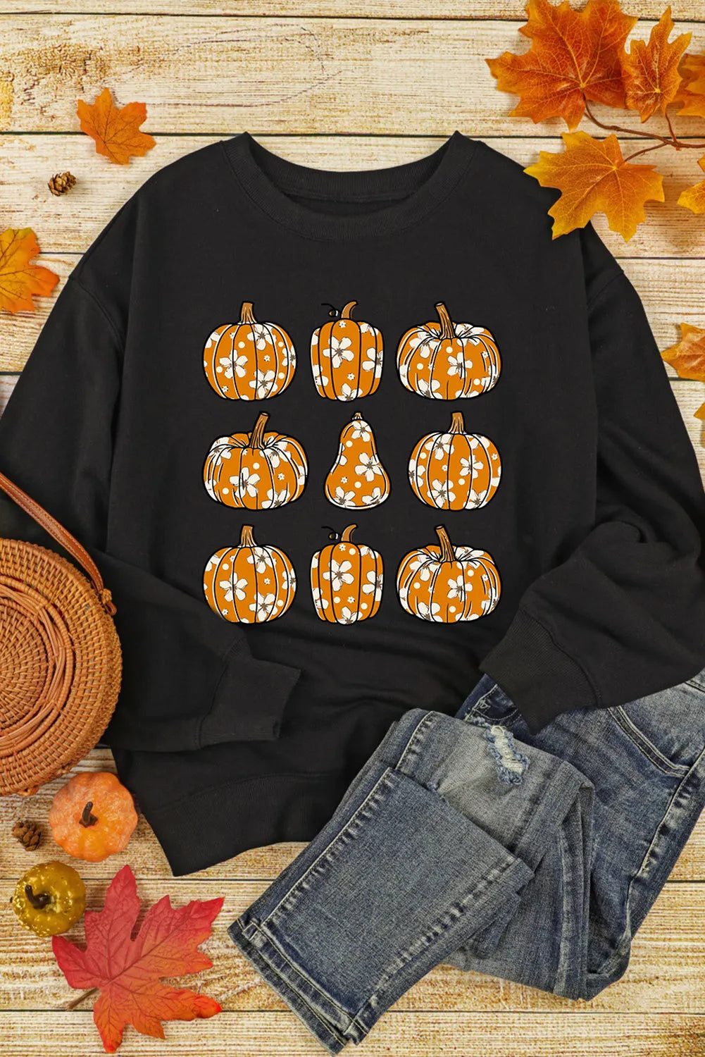 Black Floral Pumpkin Graphic Round Neck Halloween Sweatshirt - Chic Meadow Boutique 