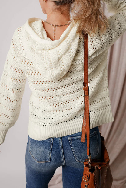 White Pointelle Knit Raglan Sleeve Hooded Sweater - Chic Meadow Boutique 