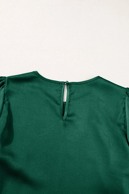 Blackish Green Solid Color Satin Keyhole Back Wide Sleeve Blouse - Chic Meadow Boutique 