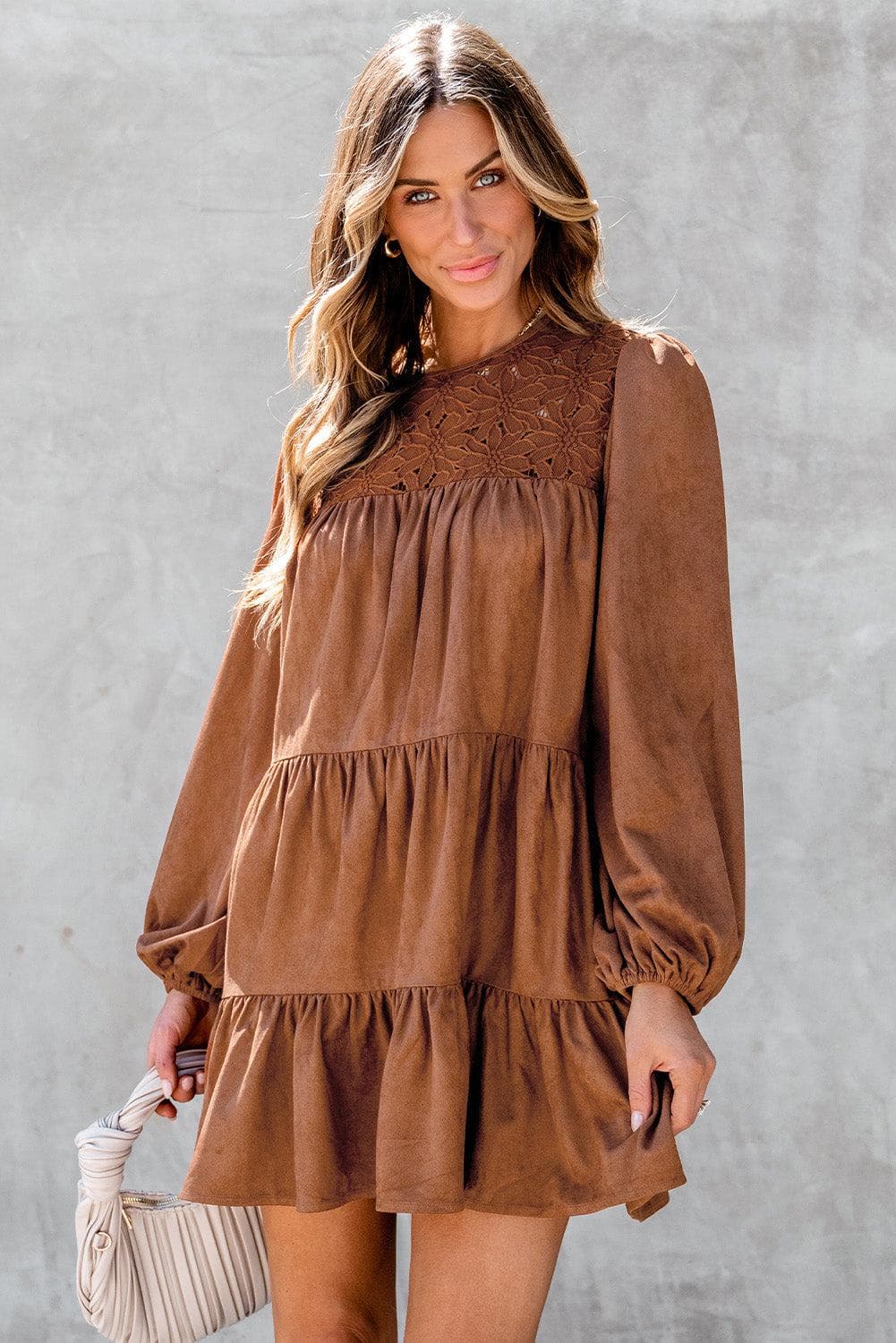 Dresses/Mini Dresses Chestnut Floral Lace Crochet Tiered Ruffled Mini Dress