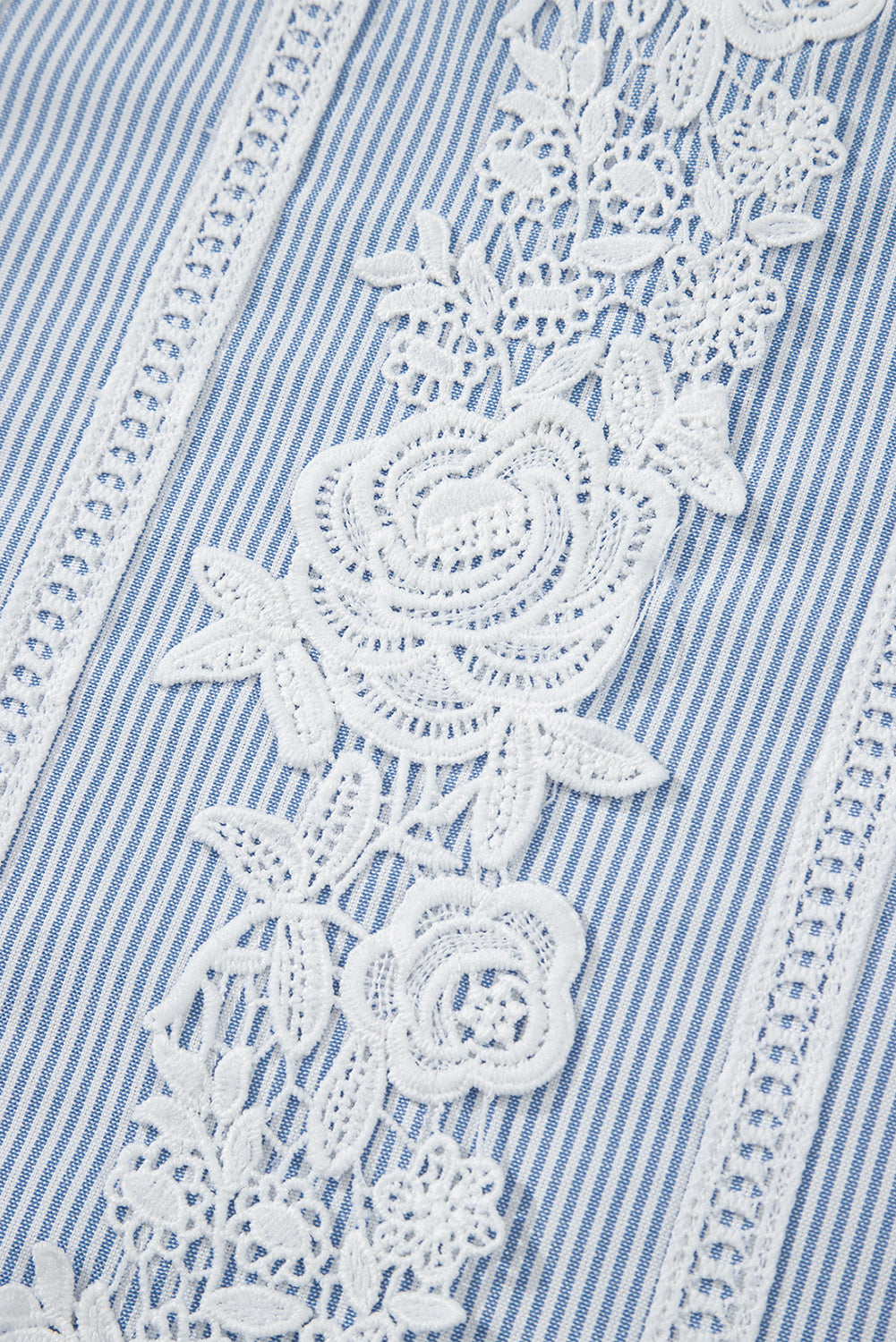 Sky Blue Stripe Floral Lace Splicing Puff Sleeve Blouse