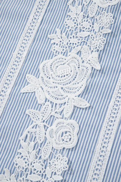 Sky Blue Stripe Floral Lace Splicing Puff Sleeve Blouse