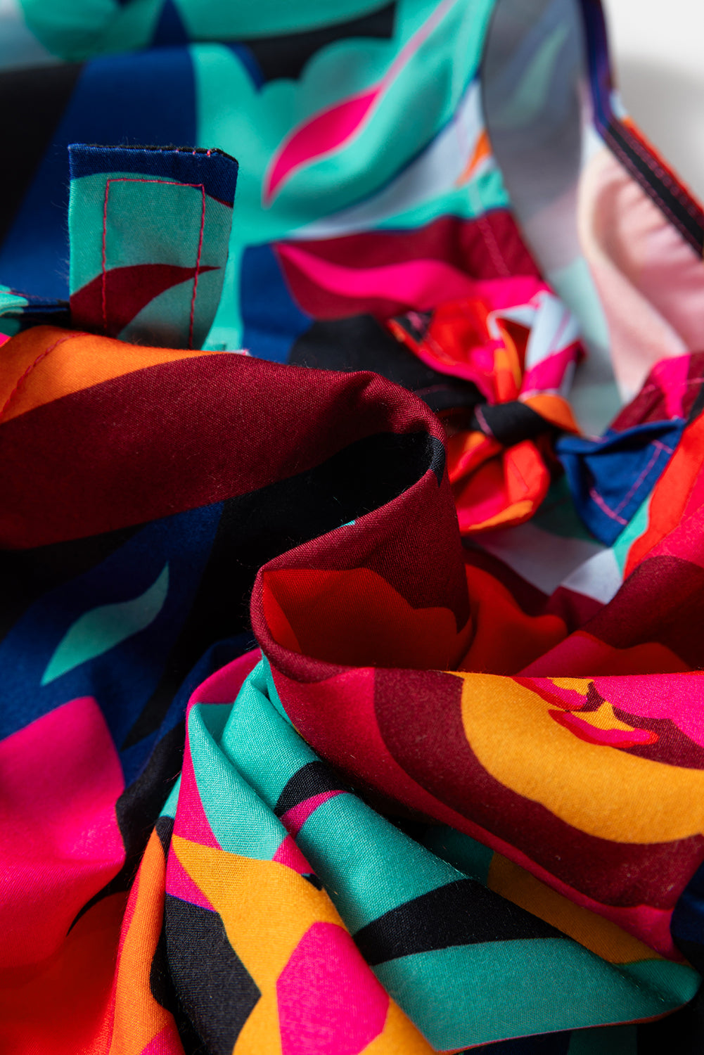 Red Abstract Floral Print Front Tied Puff Sleeve Babydoll Blouse