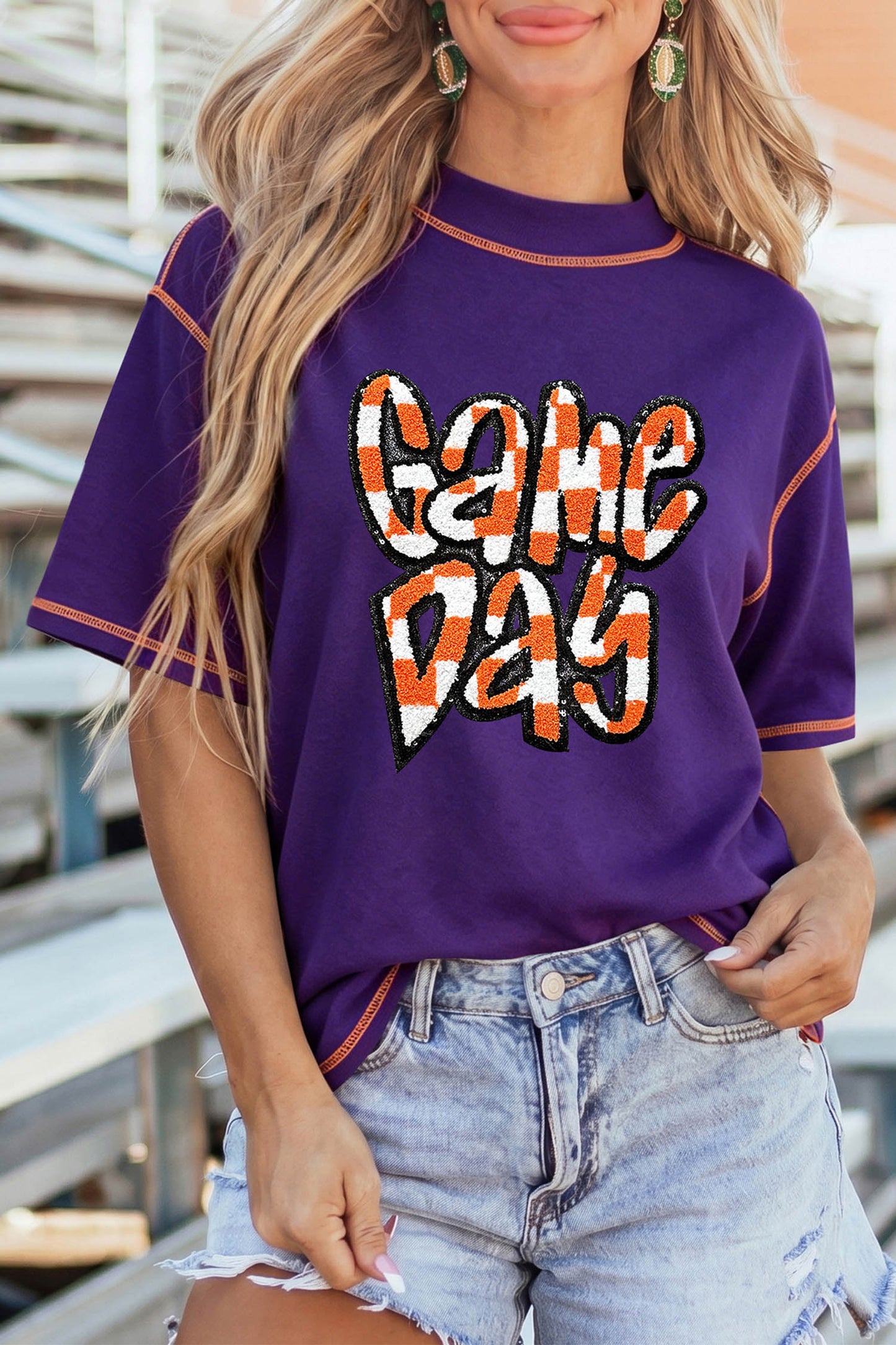Tillandsia Purple Contrast Seam Detail Checkered Game Day Chenille Graphic Tee
