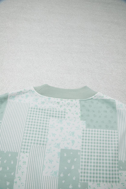 Green Patchwork Floral Print Drop Shoulder Baggy Pullover Drawstring Shorts Set