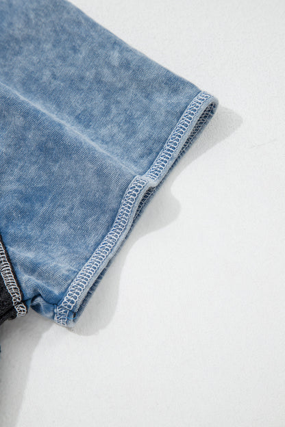 Carbon Grey Waffle Knit Seam Detail Color Block Patchwork Short Sleeve Top
