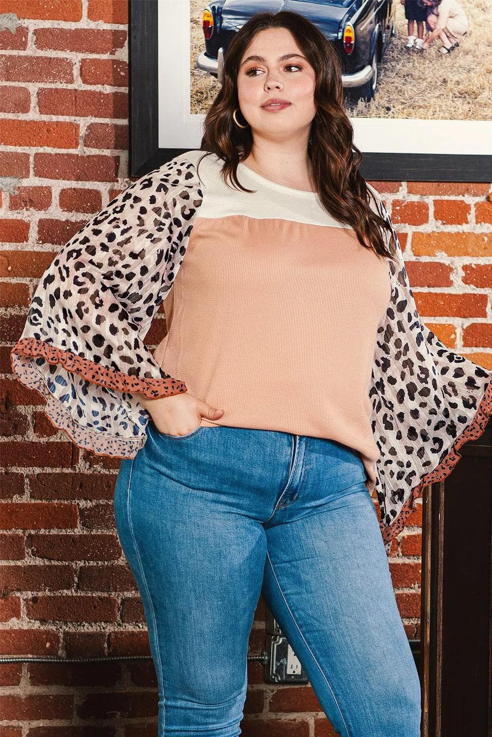 Plus Size/Plus Size Tops/Plus Size Blouses & Shirts Khaki Printed / 1X / 95%Polyester+5%Elastane Khaki Printed Plus Ruffle Leopard Sleeve Waffled Color Block Top