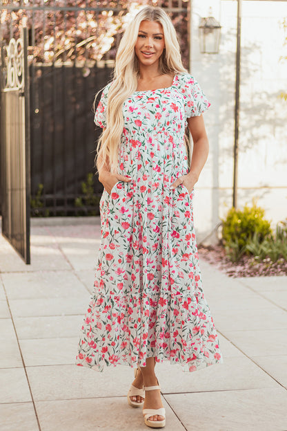Pink Floral Puff Sleeve Square Neck Empire Waist Tiered Maxi Dress