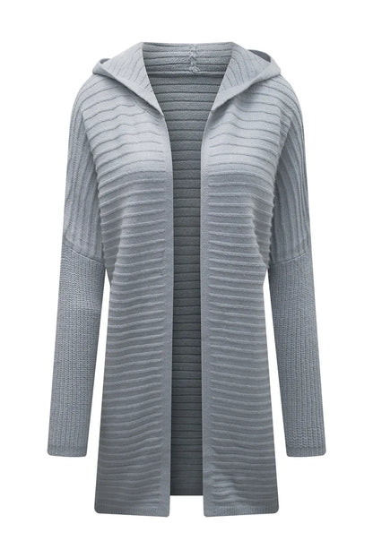 Gray Horizontal Rib Knitted Open Front Hooded Cardigan - Chic Meadow Boutique 