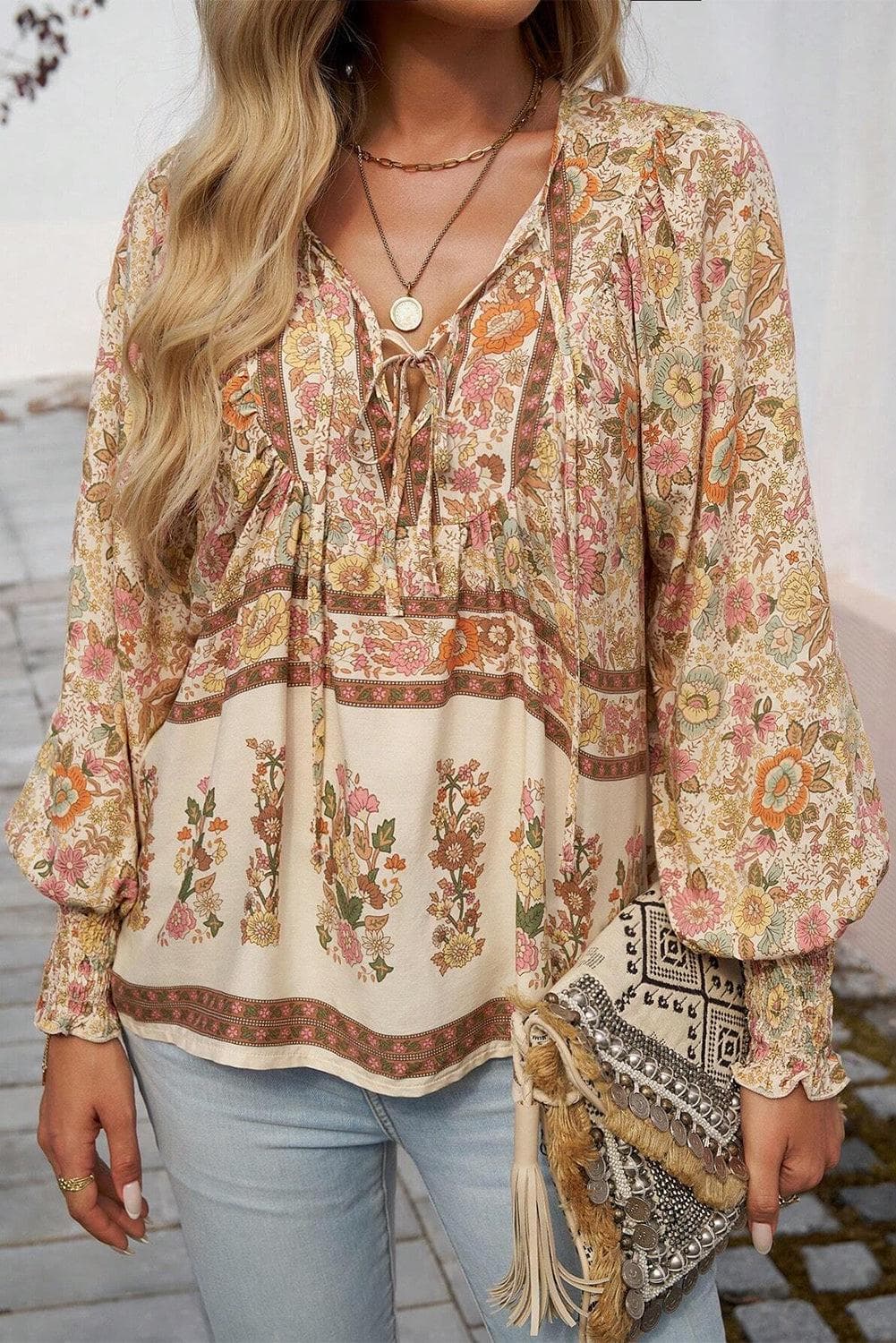 Tops/Blouses & Shirts Yellow / S / 100%Polyester Yellow Floral Print Tie Neck Lantern Sleeve Blouse