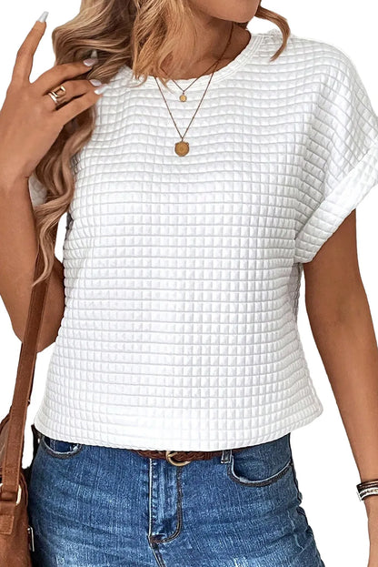 White Checkered Textured Bat Sleeve T Shirt - Chic Meadow Boutique 