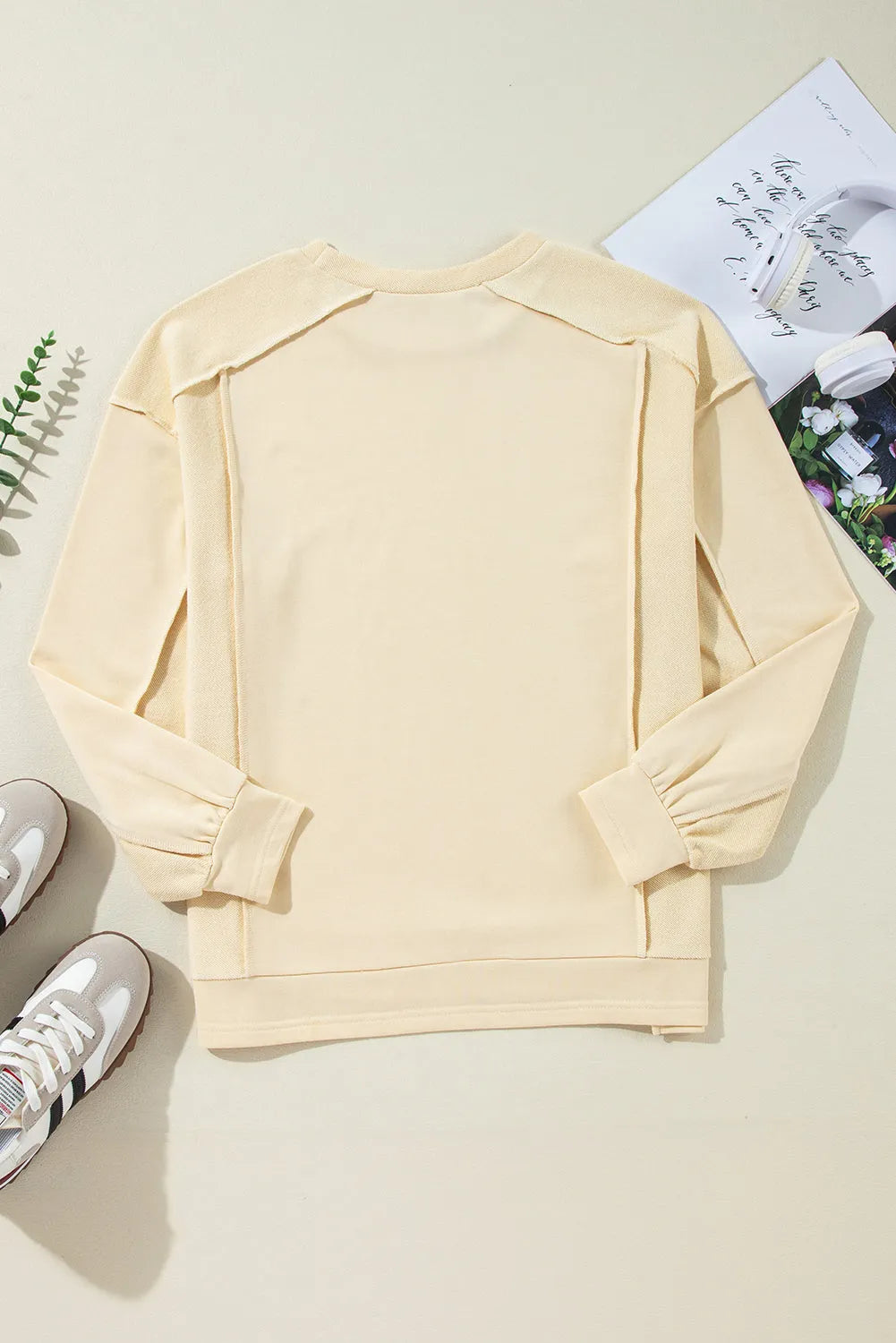 Beige Splicing Round Neck Pullover Sweatshirt - Chic Meadow Boutique 