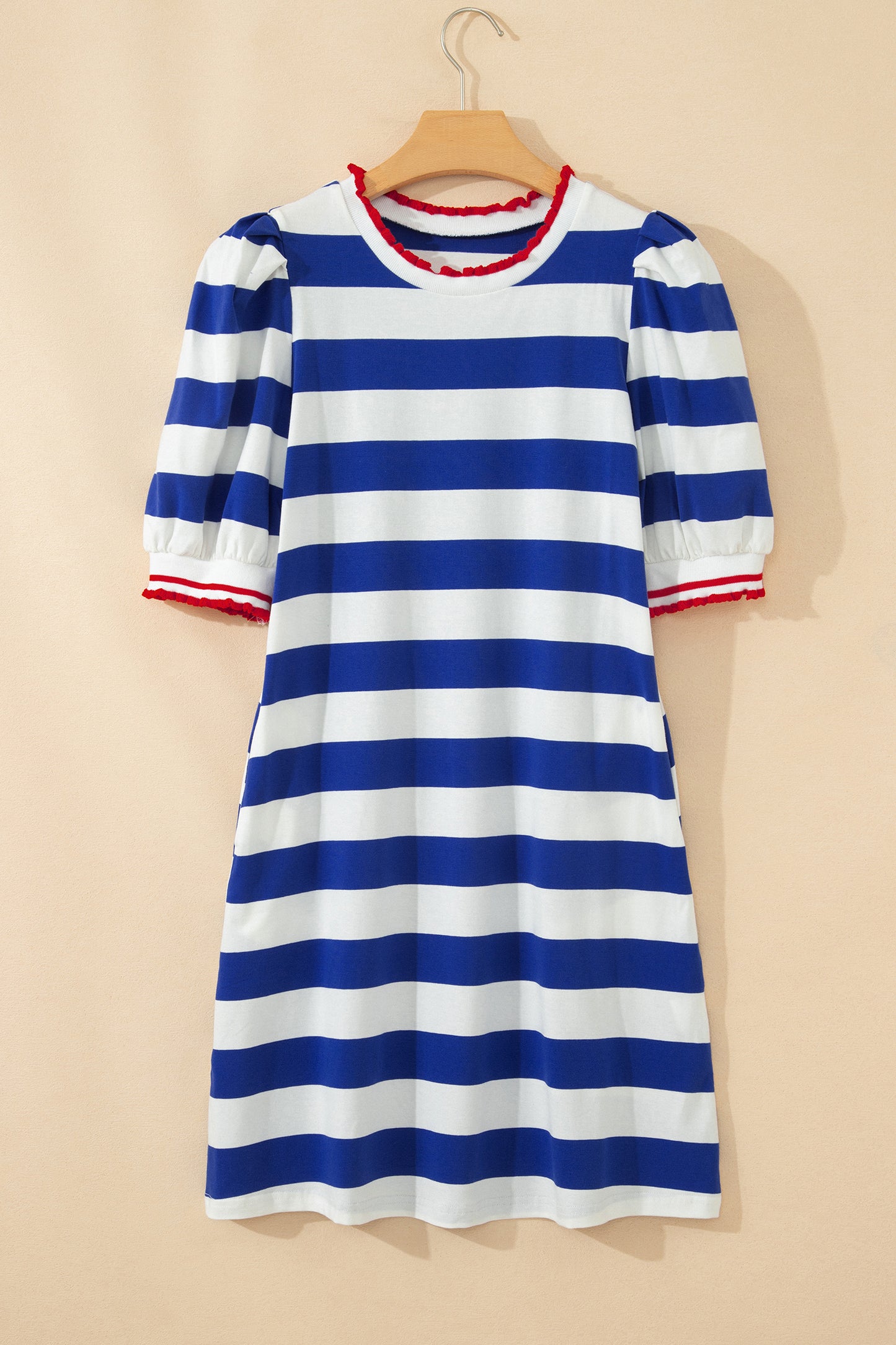 Blue Stripe Contrast Trim Round Neck Short Puff Sleeve Shift Mini Dress