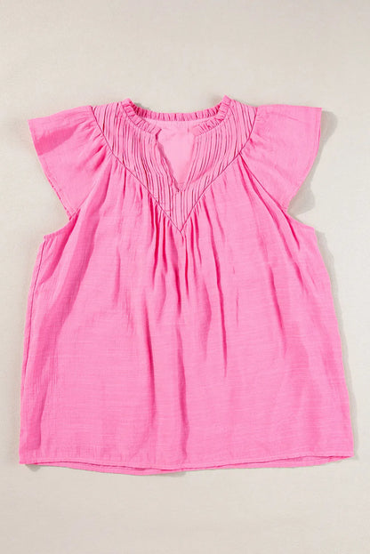 Bright Pink Textured Split Neck Patchwork Flutter Gauze Blouse - Chic Meadow Boutique 