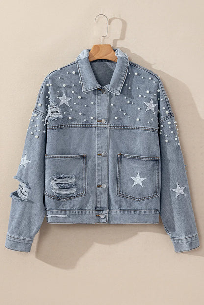 Sky Blue Distressed Pearls Star Cropped Denim Jacket - Chic Meadow Boutique 