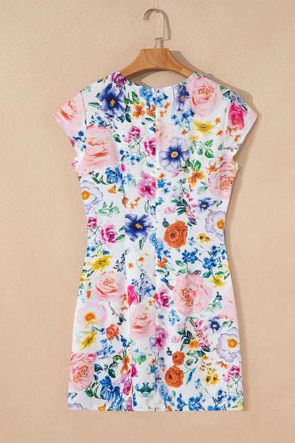 Sky Blue Vibrant Floral Print Cap Sleeve Mini Dress