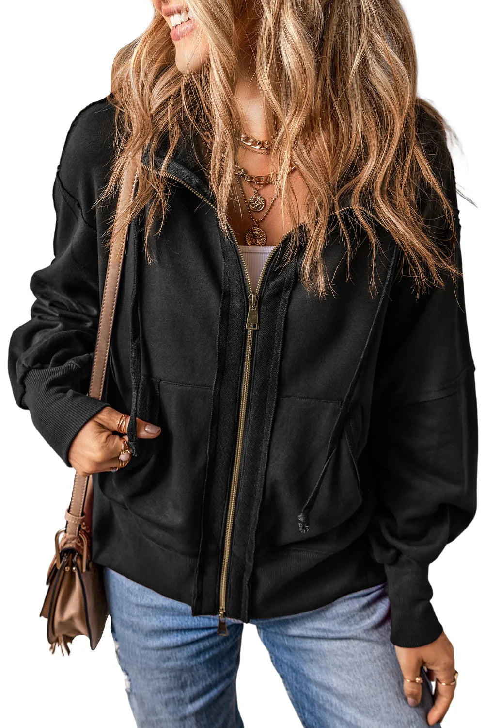 Black Raw Edge Exposed Seam Full Zip Hoodie - Chic Meadow Boutique 