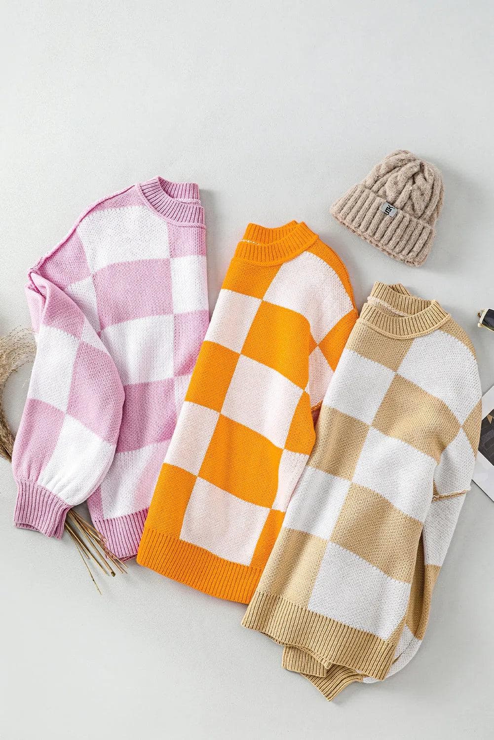 Tops/Sweaters & Cardigans Orange Checkered Bishop Sleeve Sweater