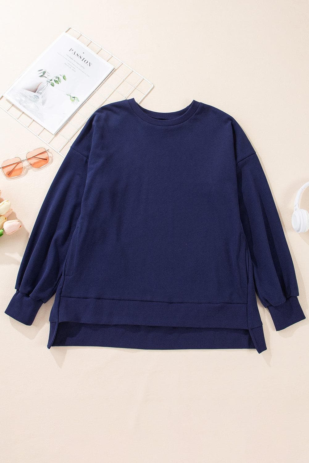 Tops/Sweatshirts & Hoodies Navy Blue Solid O Neck High Low Hem Pullover Sweatshirt