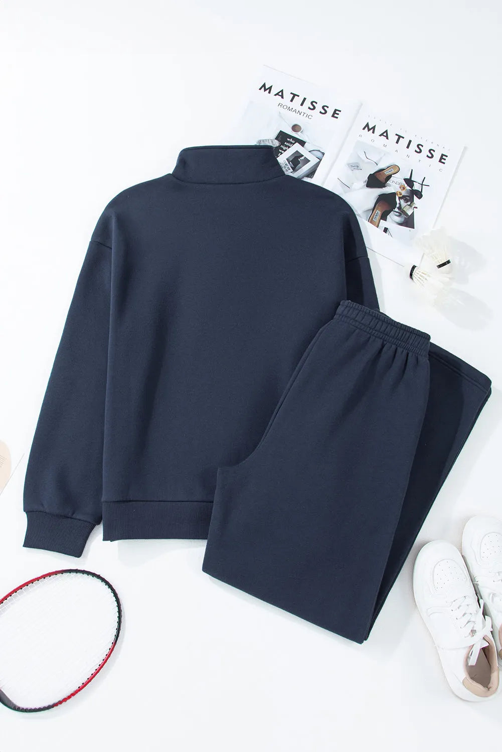 Navy Blue Solid Color Collared Sweatshirt and High Waist Pants Set - Chic Meadow Boutique 