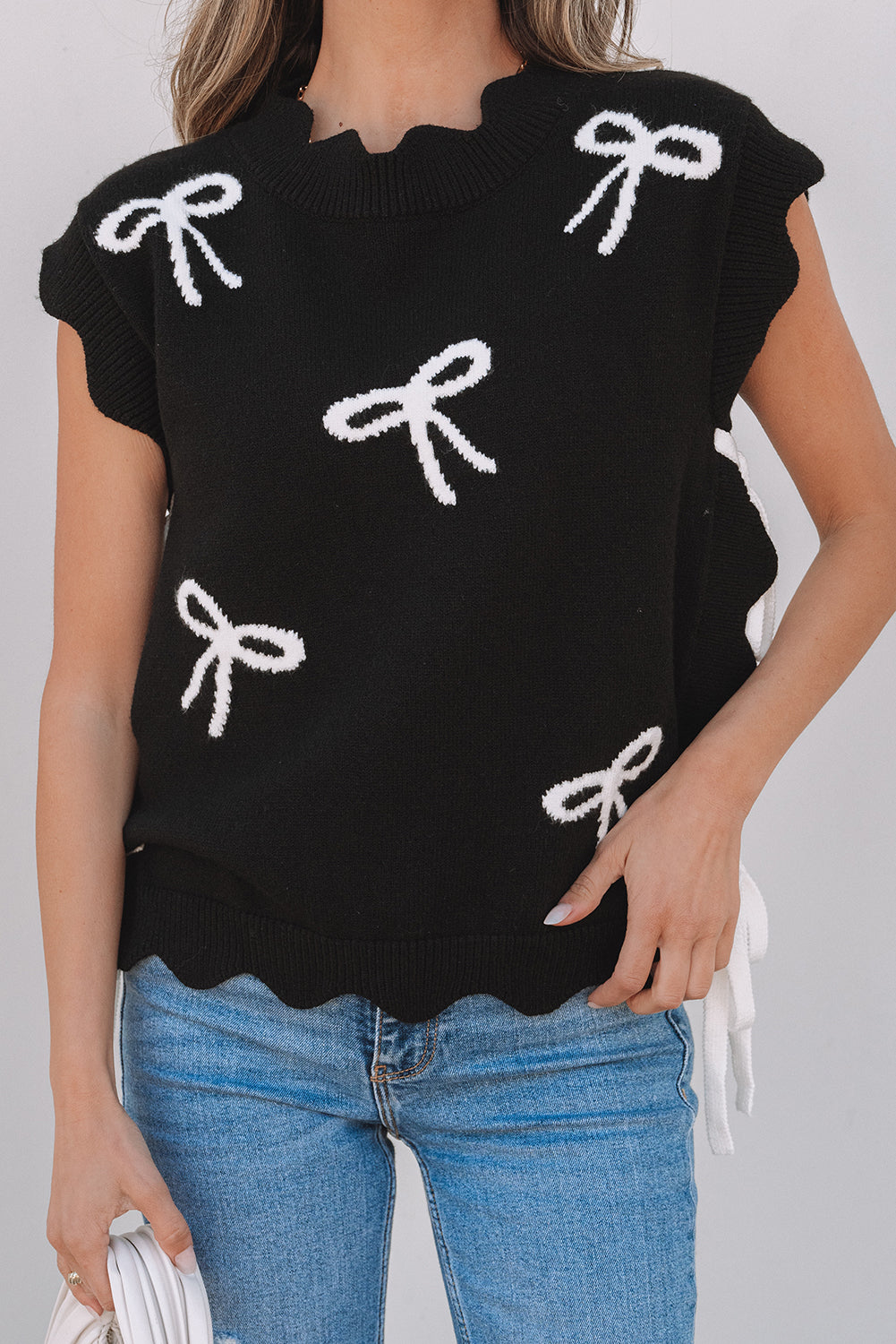 Black Bow Print Side Ties Scalloped Hem Sweater T Shirt