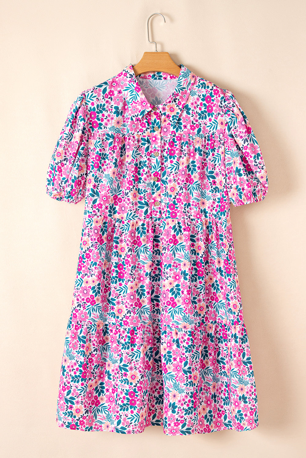 Pink Plus Size Floral Half Button Short Puff Sleeve A-line Dress