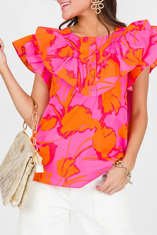 Rose Floral Ruffled Trim Flutter Sleeve Summer Top - Chic Meadow Boutique 