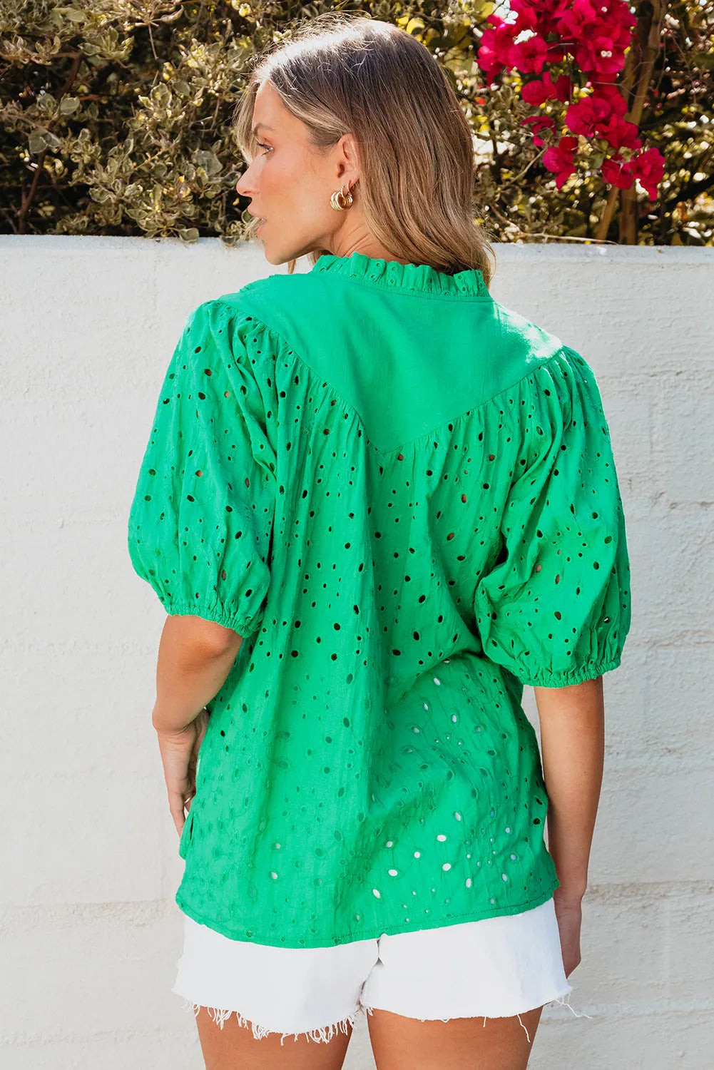 Green Flower Embroidered Hollow-out Puff Sleeve Blouse - Chic Meadow Boutique 