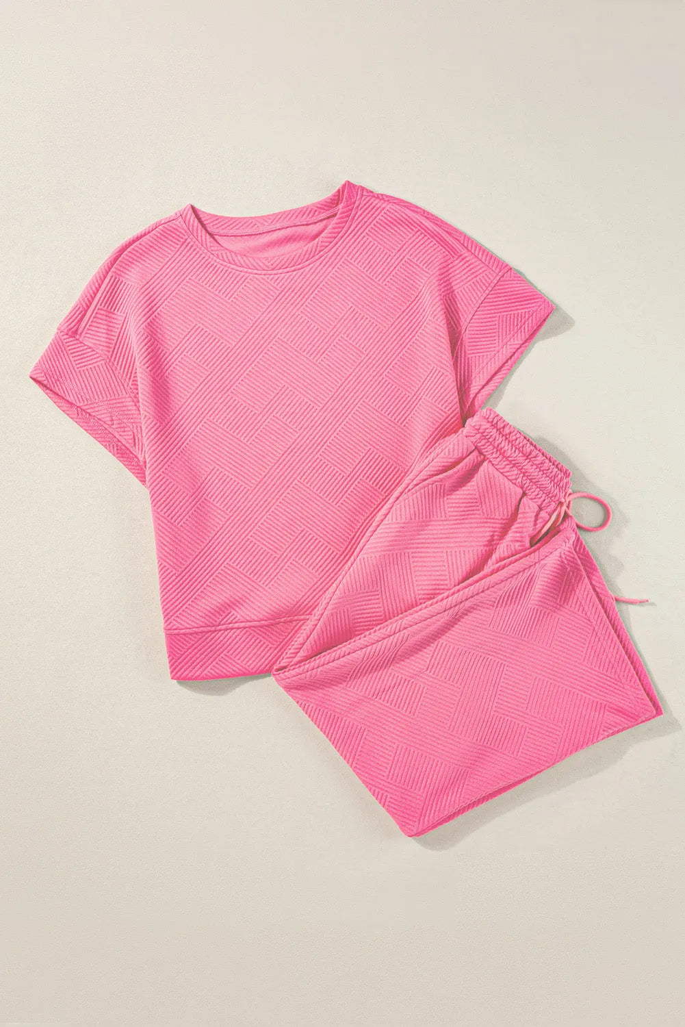 Two Piece Sets/Pant Sets Strawberry Pink Textured Loose Fit T Shirt and Drawstring Pants Set