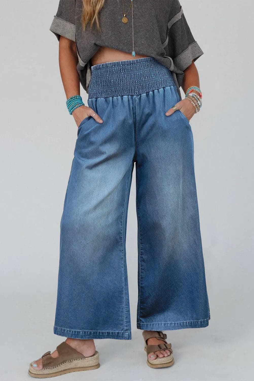 Bottoms/Jeans Ashleigh Blue / S / 100%Cotton Ashleigh Blue Smocked Waist Wide Leg Jeans