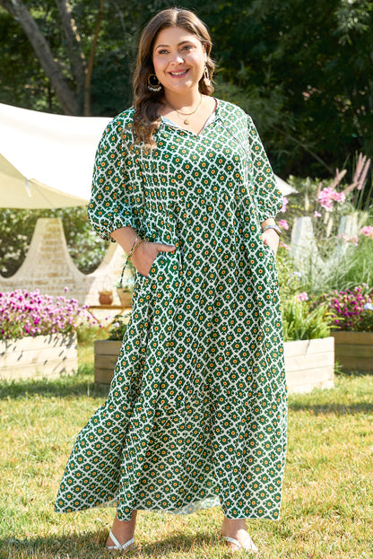 Green Geometric Floral Print Half Sleeve Plus Size Maxi Dress