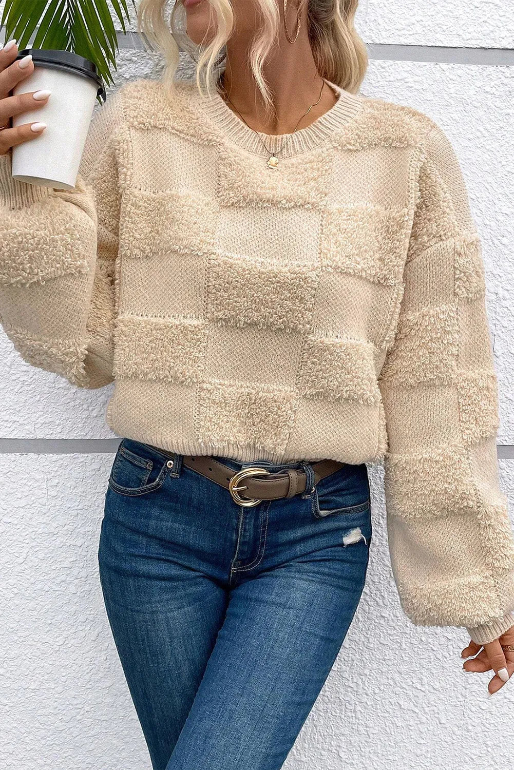 Parchment Checkered Sherpa Crew Neck Loose Sweater - Chic Meadow Boutique 