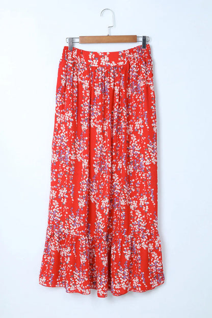 Fiery Red Multicolor Floral Ruffled Crop Top and Maxi Skirt Set - Chic Meadow Boutique 